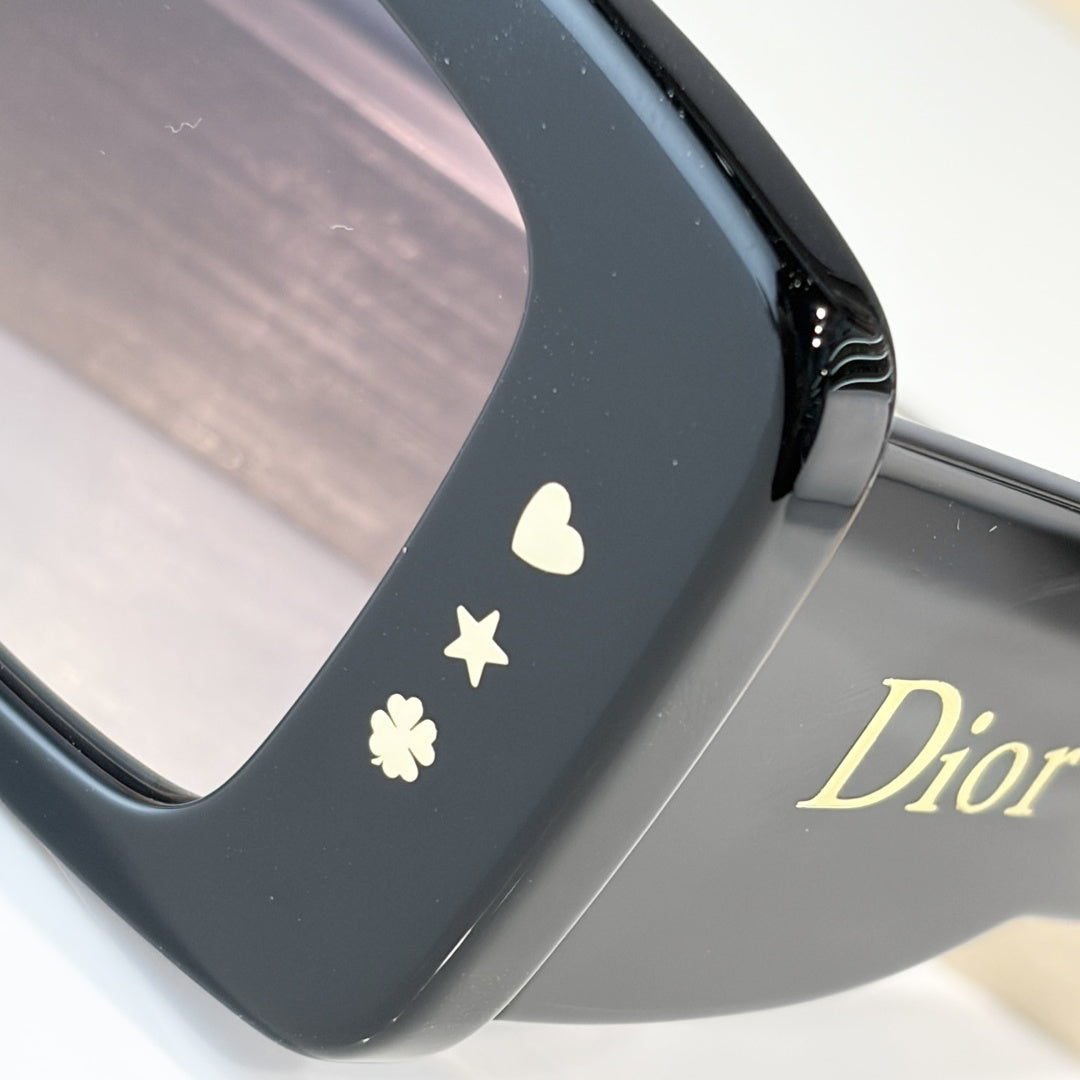 D**R Slim Rectangular Sunglasses | Black Acetate Frame, Grey Gradient Lenses & Gold Logo Temple