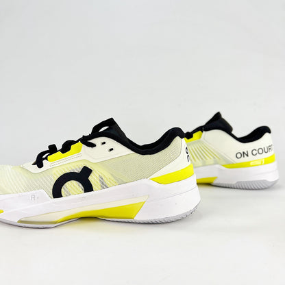 On THE ROGER Pro Fire – Unisex Lightweight Breathable Anti-Slip Shock-Absorbing Low-Top Tennis Shoes | White, Neon Yellow & Black