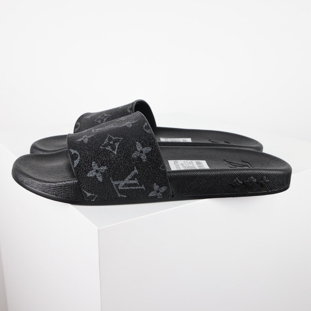 L***V Monogram Eclipse All-Black Waterfront Wide Strap Slide Sandals — Spring Summer Boutique Limited Edition