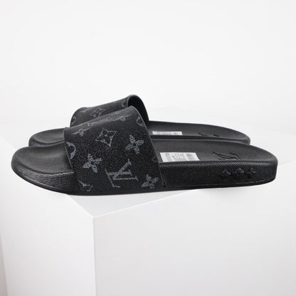 L***V Monogram Eclipse All-Black Waterfront Wide Strap Slide Sandals — Spring Summer Boutique Limited Edition