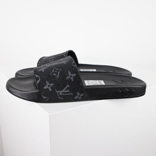 L***V Monogram Eclipse All-Black Waterfront Wide Strap Slide Sandals — Spring Summer Boutique Limited Edition