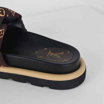L***V Brown Monogram Canvas Puffy Quilted Wide Strap Platform Slide Sandals — 2024 Spring Summer Boutique Limited Edition