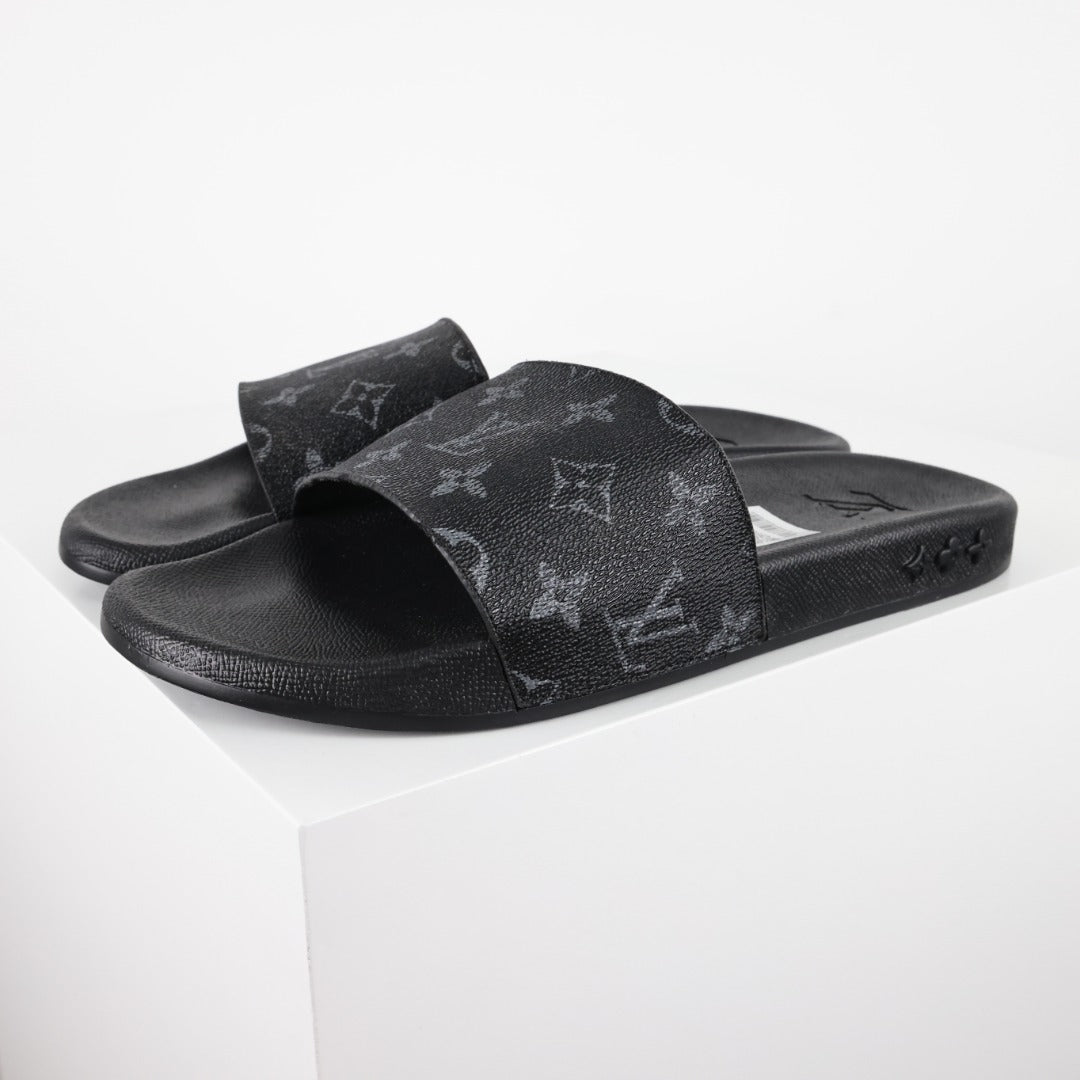 L***V Monogram Eclipse All-Black Waterfront Wide Strap Slide Sandals — Spring Summer Boutique Limited Edition