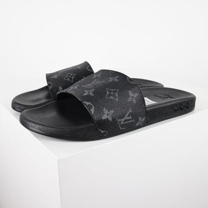 L***V Monogram Eclipse All-Black Waterfront Wide Strap Slide Sandals — Spring Summer Boutique Limited Edition