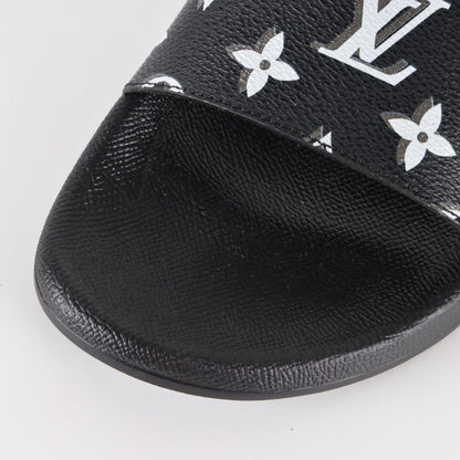 L***V Black White All-Over Oversized Monogram Waterfront Wide Strap Slide Sandals — Spring Summer Boutique Limited Edition