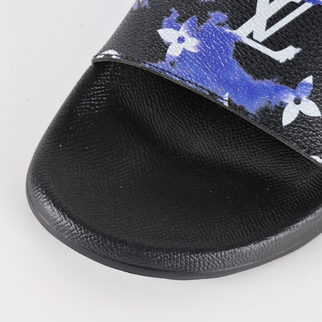 L***V Black Blue Purple Multicolor Monogram Floral Waterfront Wide Strap Slide Sandals — Spring Summer Boutique Limited Edition