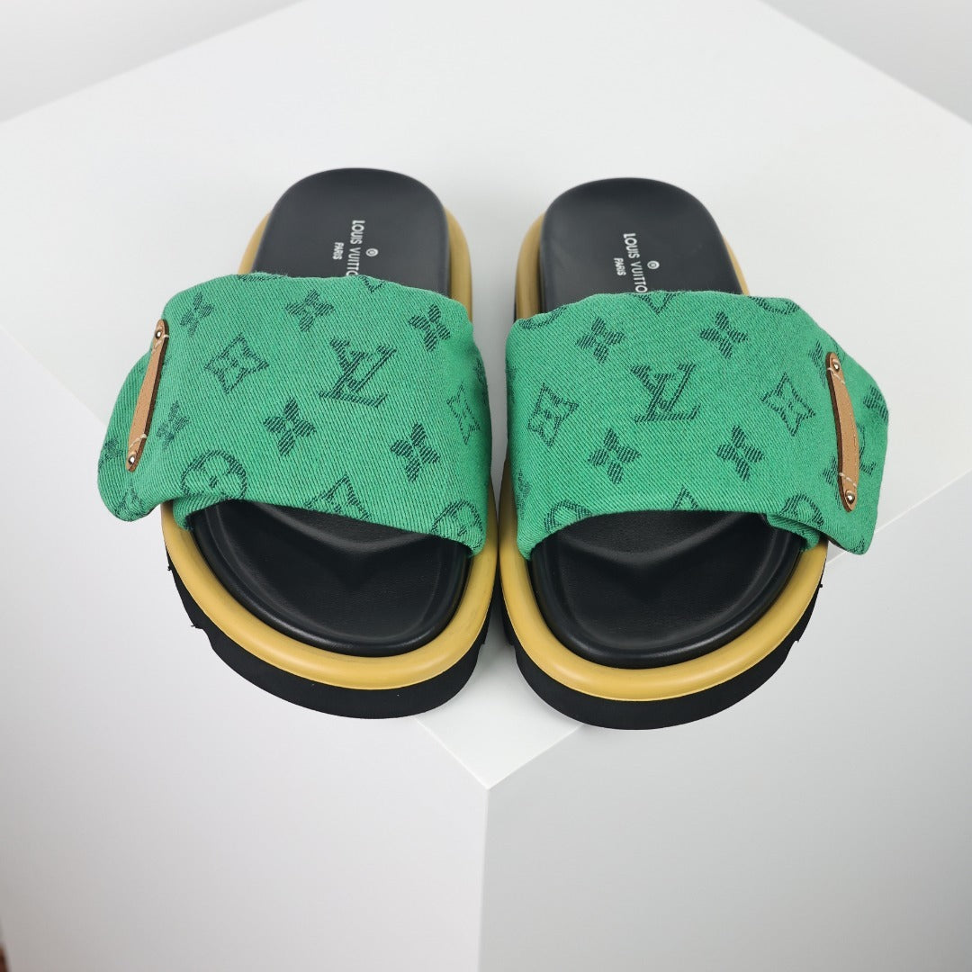 L***V Emerald Green Monogram Canvas Gold Bar Platform Slide Sandals — 2024 Spring Summer Boutique Limited Edition