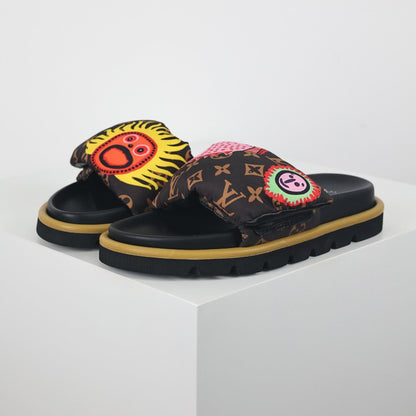 L***V Brown Monogram Graffiti Circle Print Wide Strap Platform Slide Sandals — Spring Summer Boutique Limited Edition