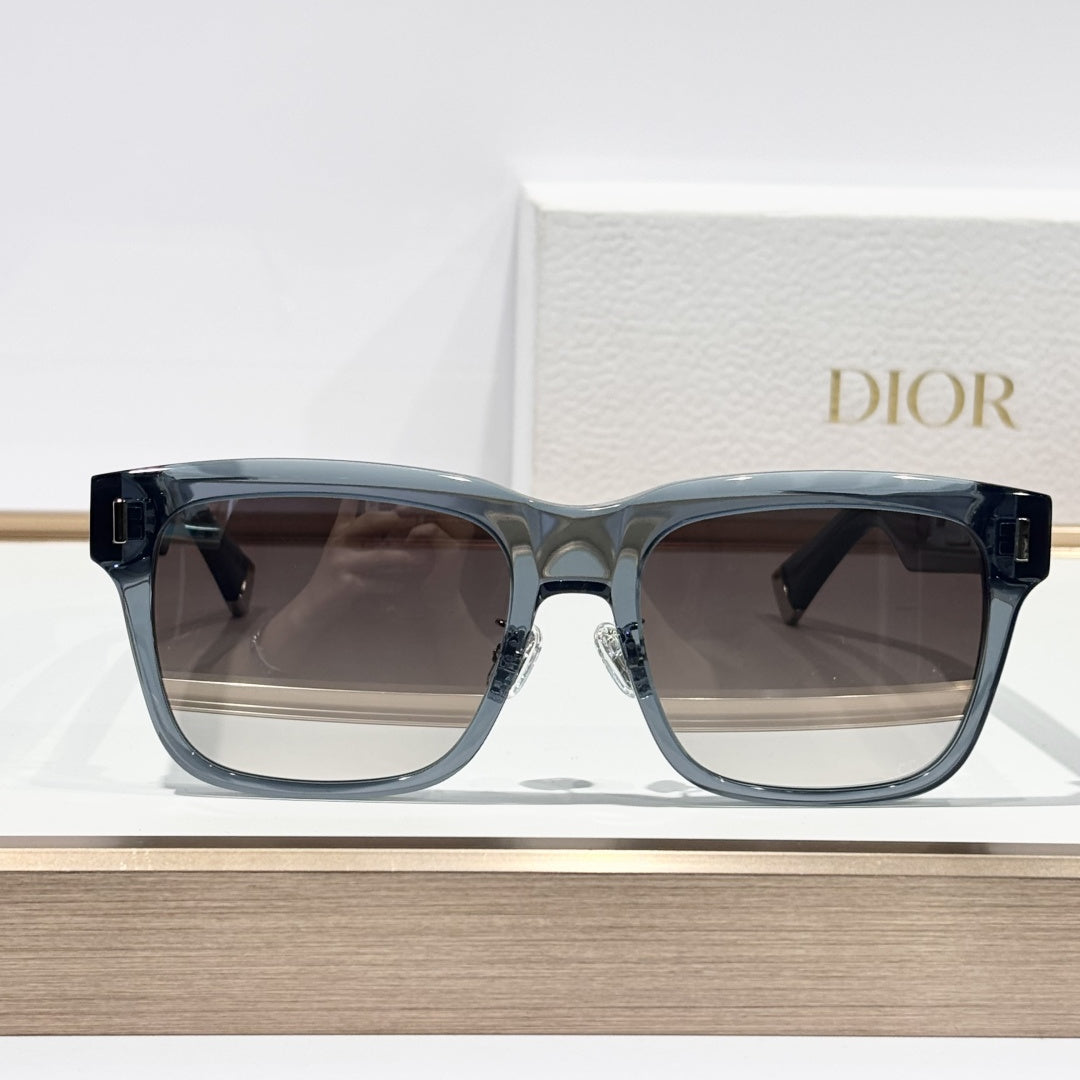 D**R Oversized Square Acetate Sunglasses | Transparent Smoke-Blue Frame, CD Rivet, Christian Dior Temple, Light Gradient Lenses