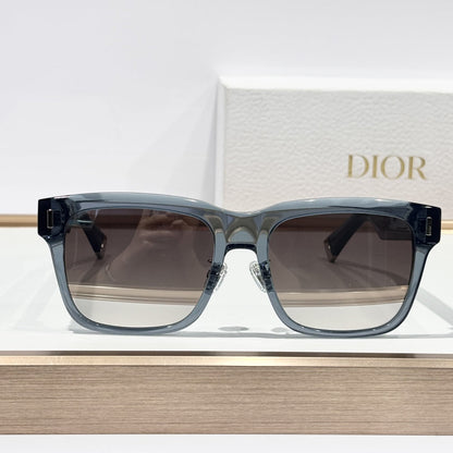 D**R Oversized Square Acetate Sunglasses | Transparent Smoke-Blue Frame, CD Rivet, Christian Dior Temple, Light Gradient Lenses