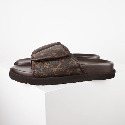 L***V Damier Ebene Dark Brown Velcro Adjustable Wide Strap Miami Slide Sandals — Spring Summer Boutique Limited Edition