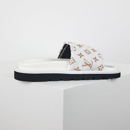 L***V White Giant Monogram Canvas Leather Trim Flat Slide Sandals — 2024 Spring Summer Boutique Limited Edition