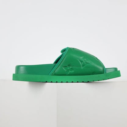 L***V Grass Green Inflated Pillow Leather Velcro Adjustable Wide Strap Miami Slide Sandals — Spring Summer Boutique Limited Edition