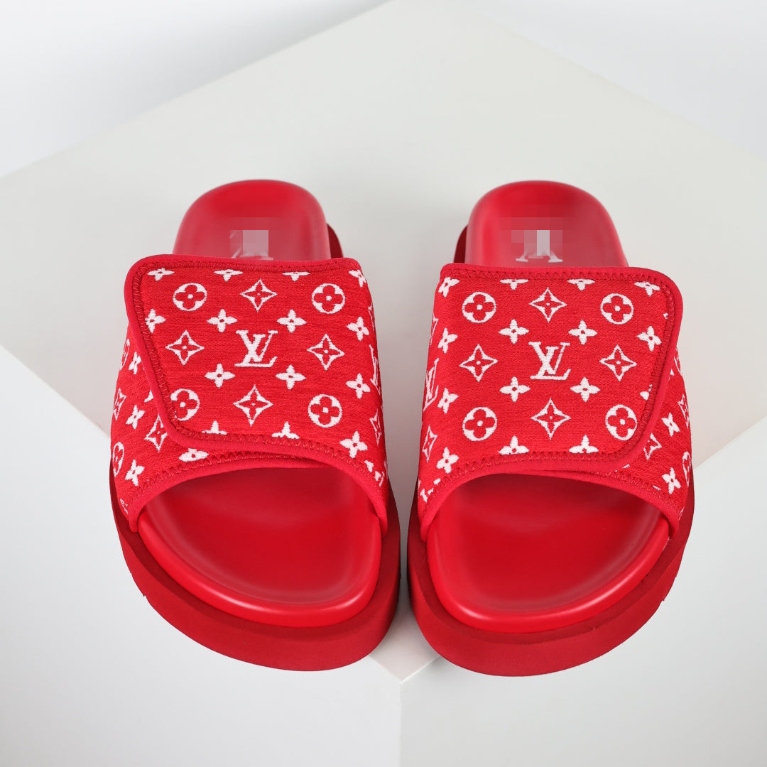 L***V Scarlet Red Monogram Jacquard Twisted Bow Ruched Strap Miami Slide Sandals — Spring Summer Boutique Limited Edition