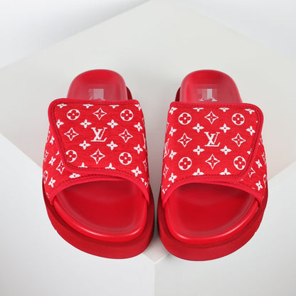 L***V Scarlet Red Monogram Jacquard Twisted Bow Ruched Strap Miami Slide Sandals — Spring Summer Boutique Limited Edition