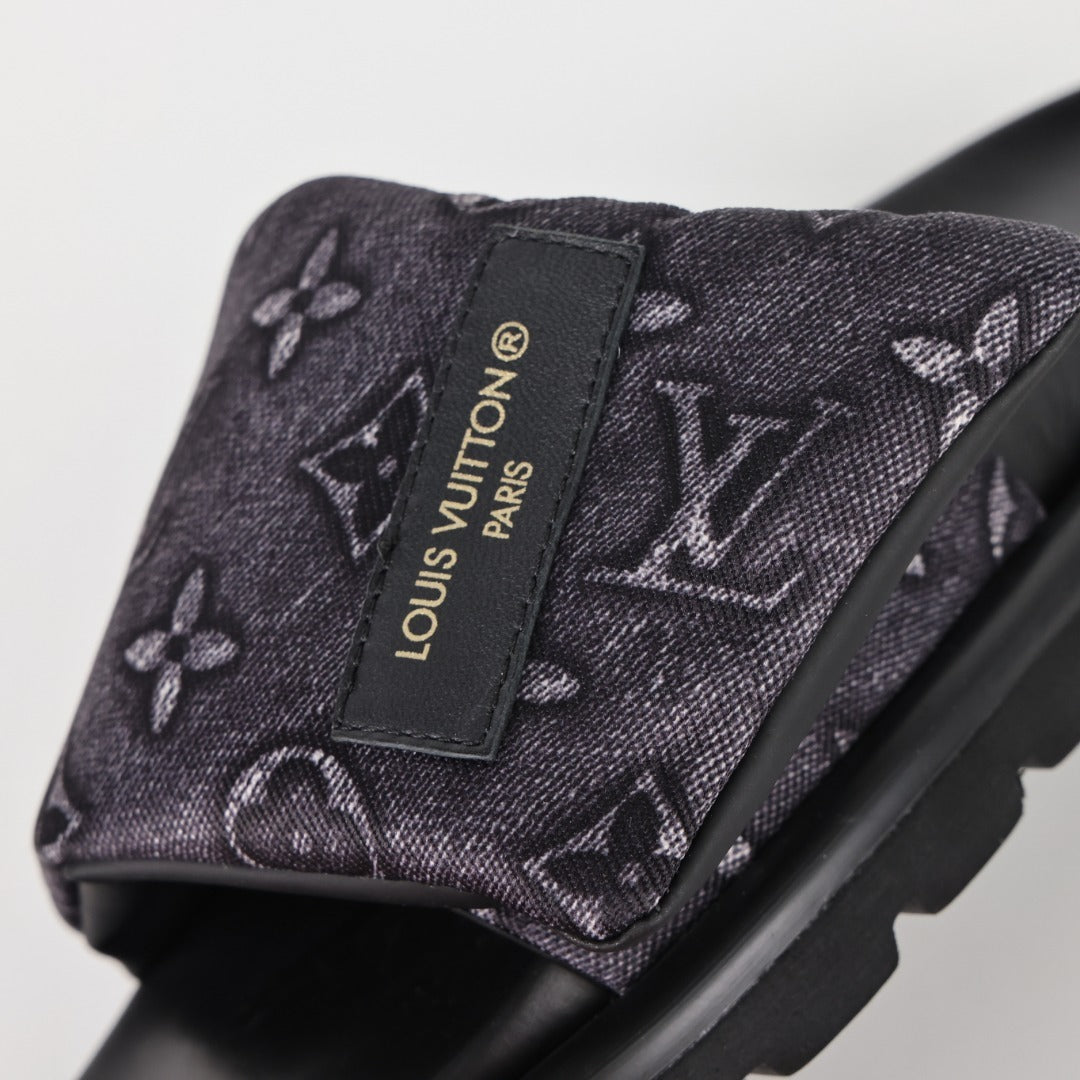 L***V Monogram Embossed Velcro Strap Slide Sandals — All-Black Wide Band Pool Beach Slippers (8 Colors)