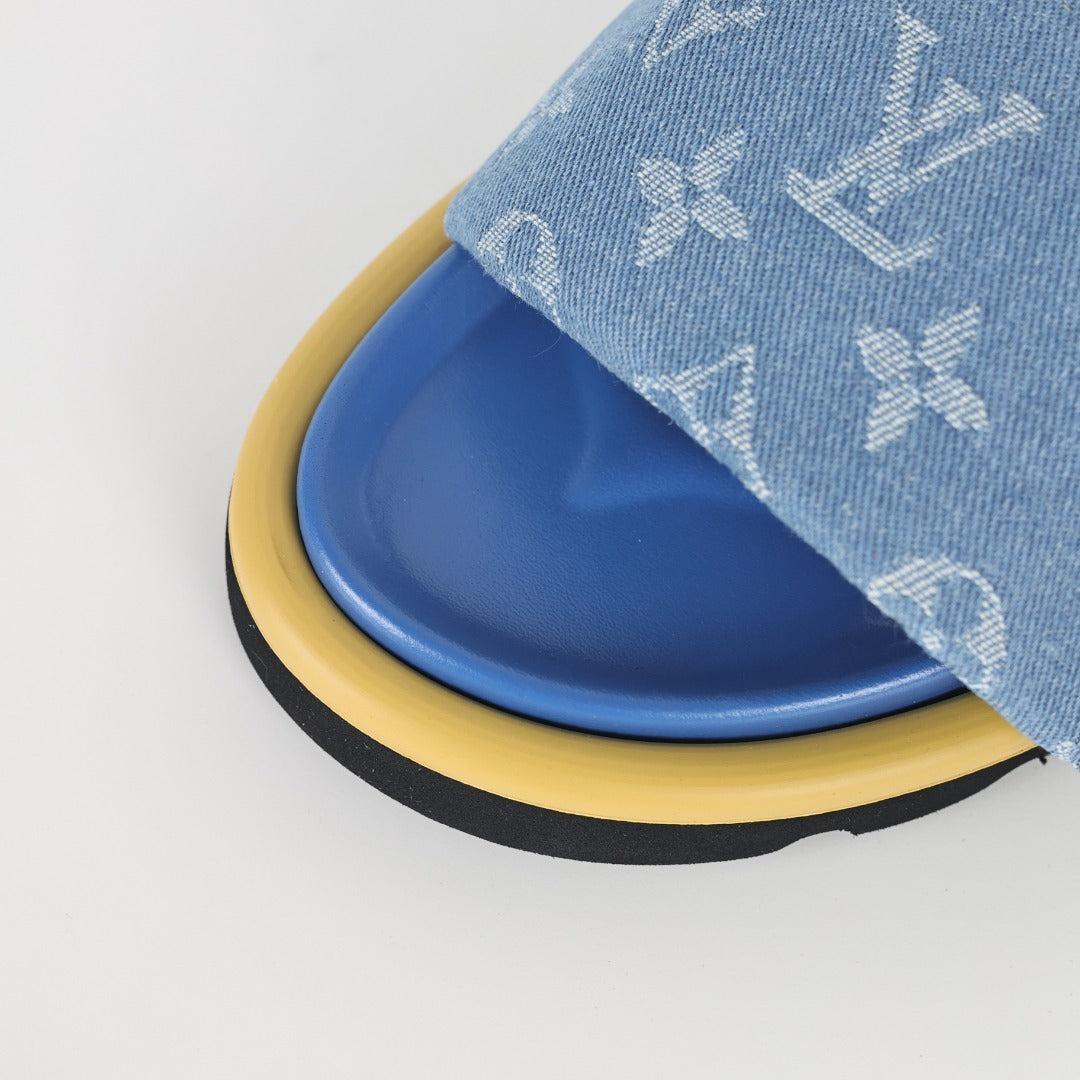 L***V Sky Blue Denim Monogram Gold Safety Pin Platform Slide Sandals — 2024 Spring Summer Boutique Limited Edition