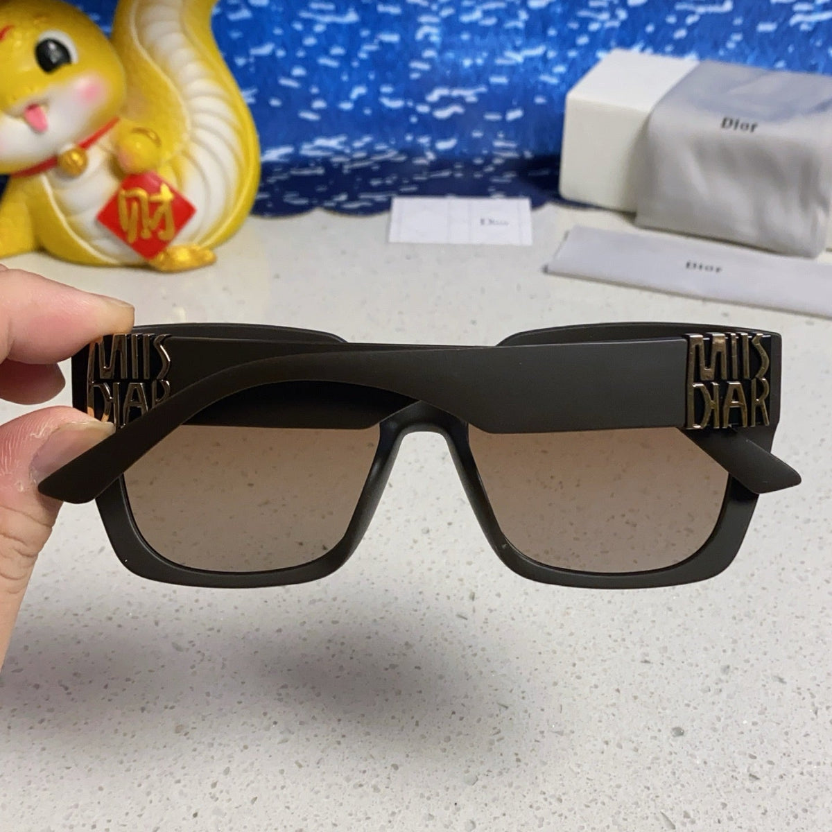 D**R MissDior Thick Square Sunglasses | Black Acetate Frame, Brown Gradient Lenses & Bold Logo Temple
