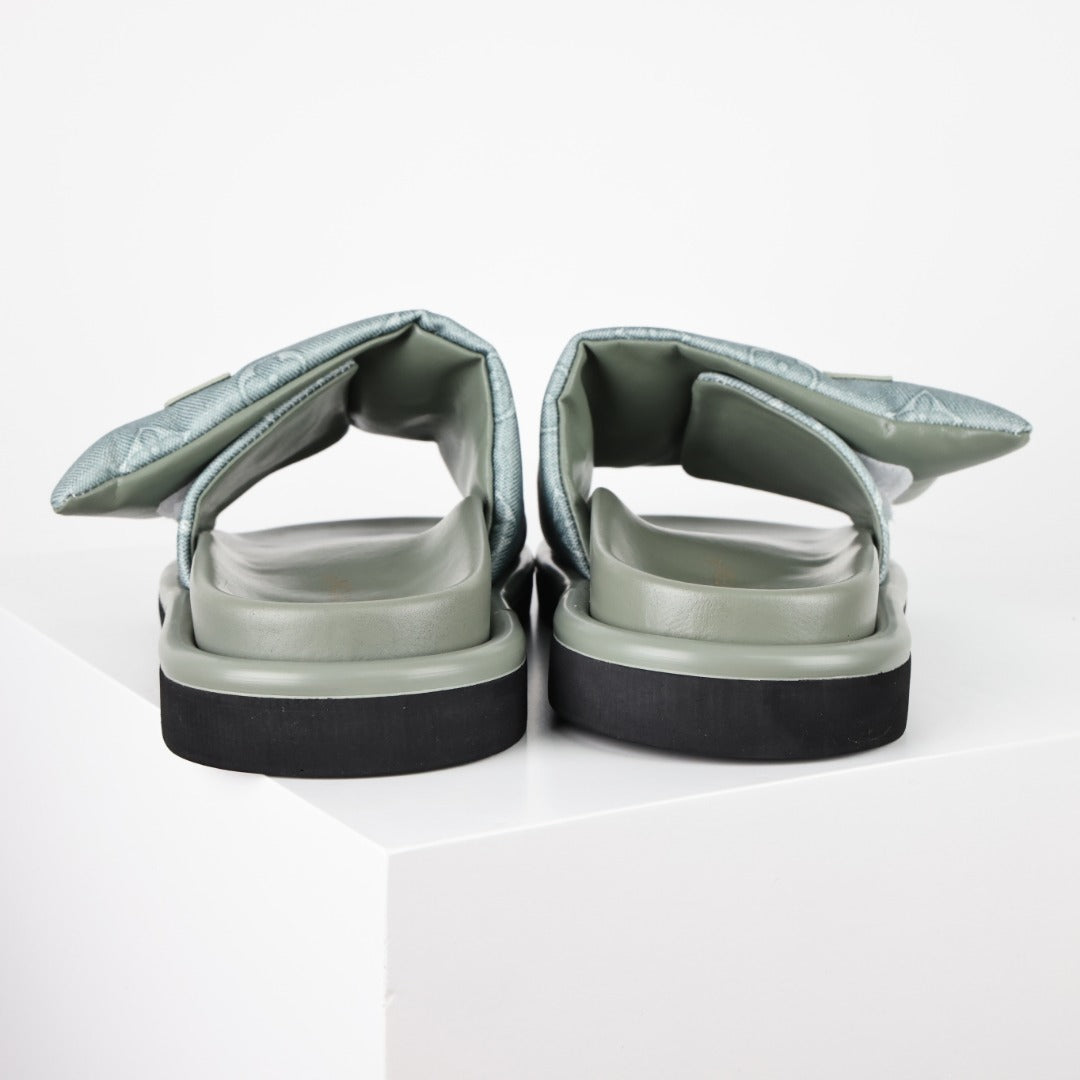 L***V Ice Blue Metallic Embossed Monogram Leather Wide Strap Platform Slide Sandals — Spring Summer Boutique Limited Edition