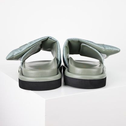 L***V Ice Blue Metallic Embossed Monogram Leather Wide Strap Platform Slide Sandals — Spring Summer Boutique Limited Edition