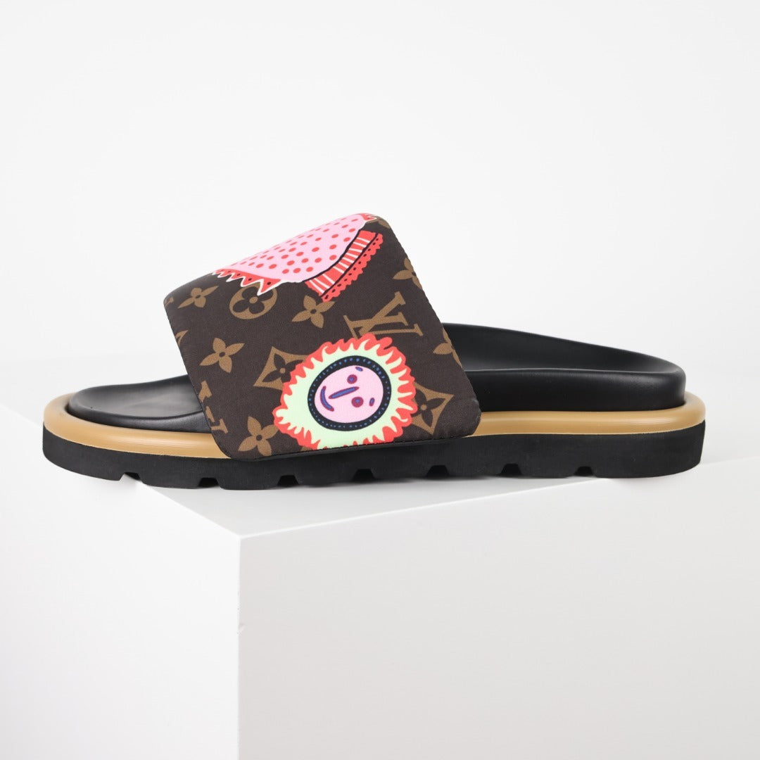 L***V Monogram Graffiti Slide Sandals — Limited Edition Print Single Strap Pool Slippers (4 Colors)