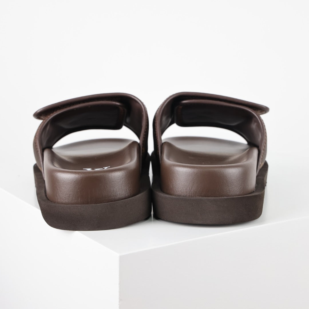 L***V Damier Ebene Dark Brown Velcro Adjustable Wide Strap Miami Slide Sandals — Spring Summer Boutique Limited Edition
