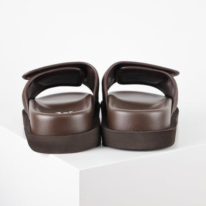 L***V Damier Ebene Dark Brown Velcro Adjustable Wide Strap Miami Slide Sandals — Spring Summer Boutique Limited Edition