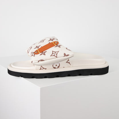 L***V Monogram Velcro Strap Slide Sandals — Adjustable Single Strap Pool Beach Slippers (8 Colors)