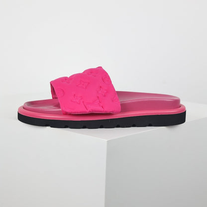 L***V Hot Pink Tonal Monogram Puffy Quilted Wide Strap Platform Slide Sandals — Spring Summer Boutique Limited Edition
