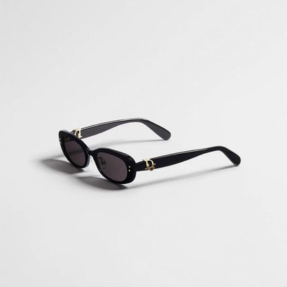D**R Slim Narrow Oval Sunglasses with Glossy Black Acetate Frame, Dark Grey Lenses & Gold CD Hinge Hardware