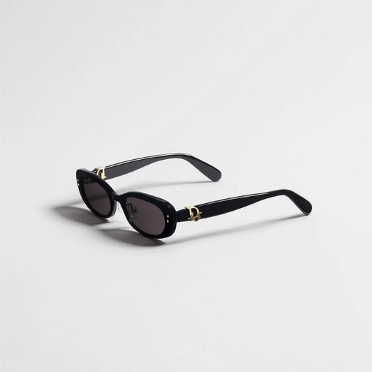 D**R Slim Narrow Oval Sunglasses with Glossy Black Acetate Frame, Dark Grey Lenses & Gold CD Hinge Hardware