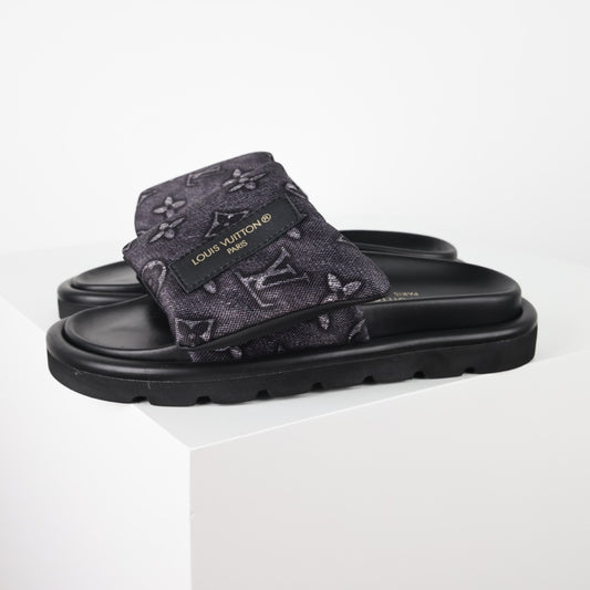 L***V Monogram Embossed Velcro Strap Slide Sandals — All-Black Wide Band Pool Beach Slippers (8 Colors)