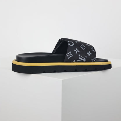 L***V All-Black Monogram Canvas Gold Bar Platform Slide Sandals — 2024 Spring Summer Boutique Limited Edition