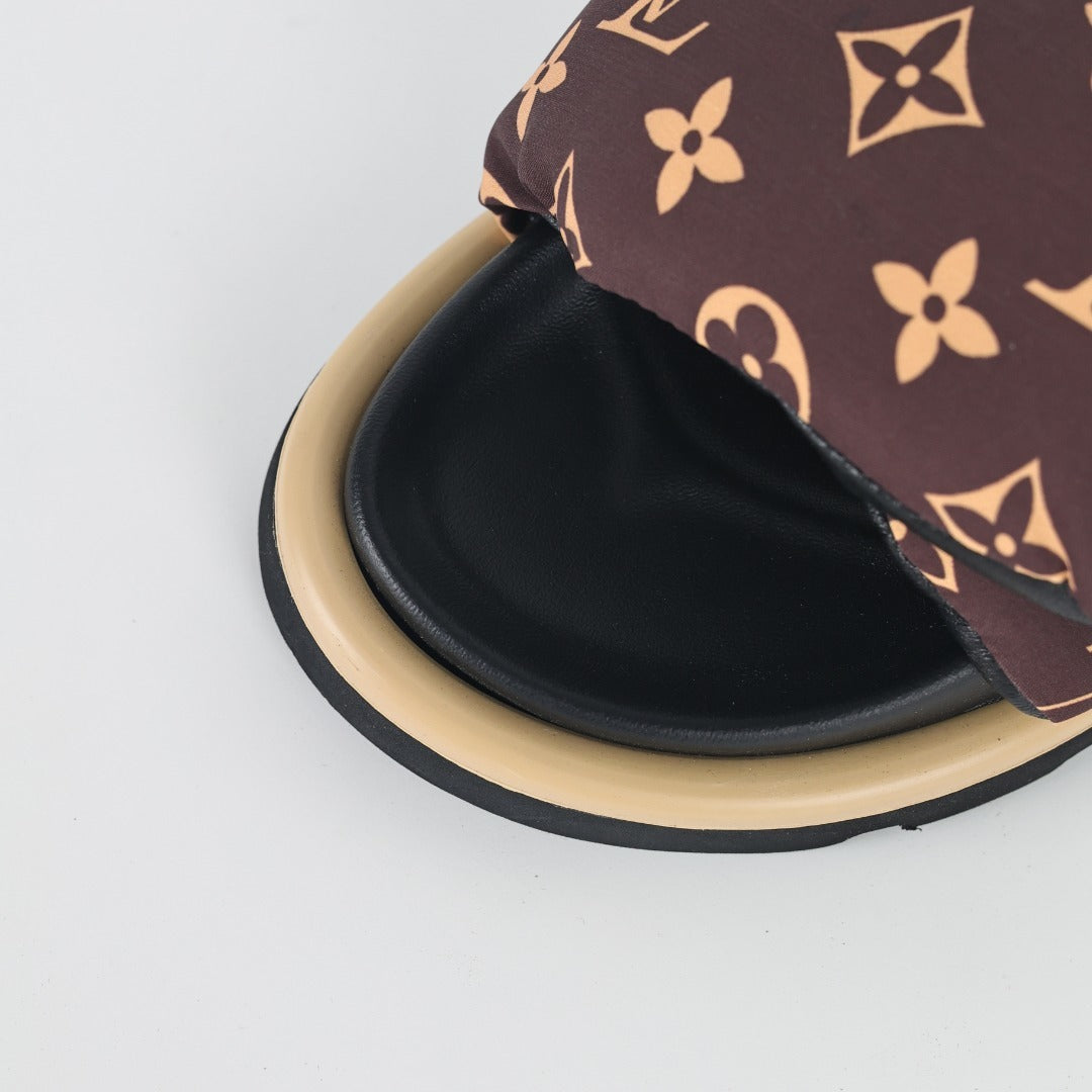 L***V Brown Monogram Canvas Puffy Quilted Wide Strap Platform Slide Sandals — 2024 Spring Summer Boutique Limited Edition