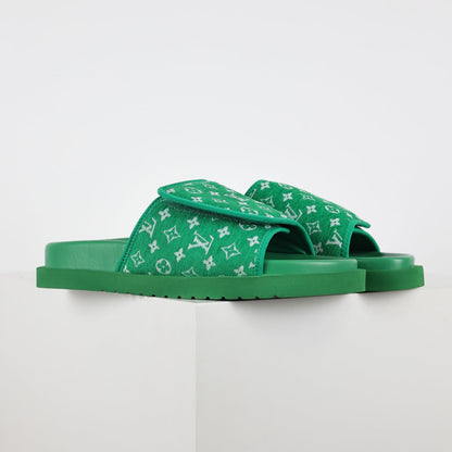 L***V Grass Green Monogram Jacquard Twisted Bow Ruched Strap Miami Slide Sandals — Spring Summer Boutique Limited Edition
