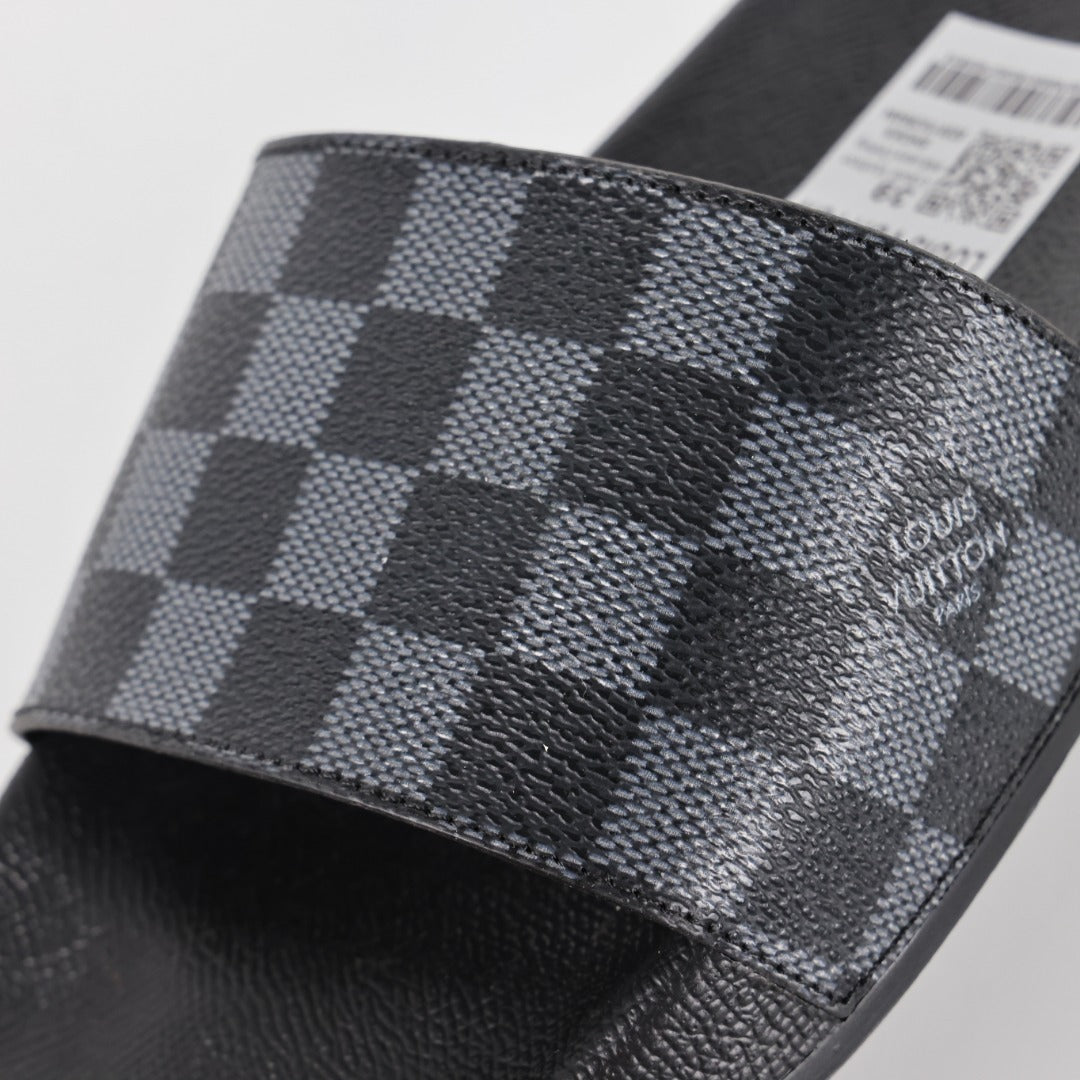L***V Damier Graphite All-Black Waterfront Wide Strap Slide Sandals — Spring Summer Boutique Limited Edition