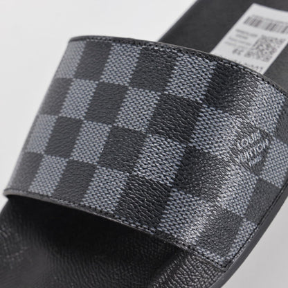 L***V Damier Graphite All-Black Waterfront Wide Strap Slide Sandals — Spring Summer Boutique Limited Edition