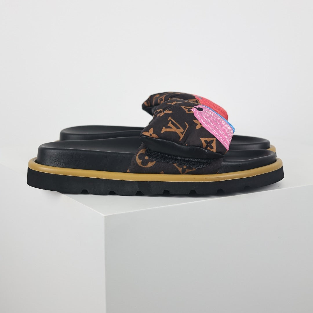 L***V Brown Monogram Canvas Multicolor Tassel Double Strap Platform Slide Sandals — Spring Summer Boutique Limited Edition