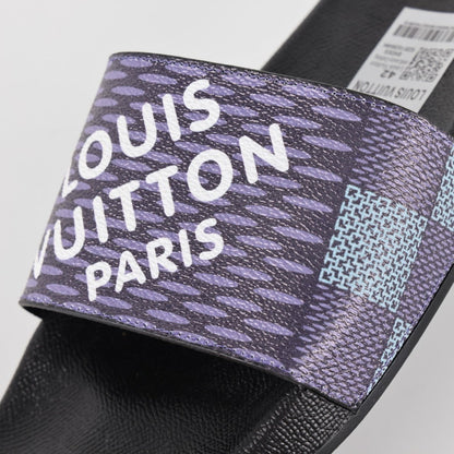 L***V Navy Blue Damier Jacquard LOUIS VUITTON PARIS Text Print Waterfront Wide Strap Slide Sandals — Spring Summer Boutique Limited Edition