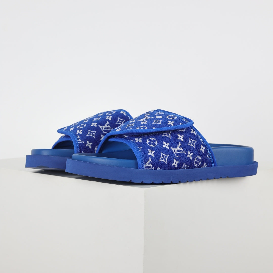 L***V Royal Blue Monogram Jacquard Twisted Bow Ruched Strap Miami Slide Sandals — Spring Summer Boutique Limited Edition