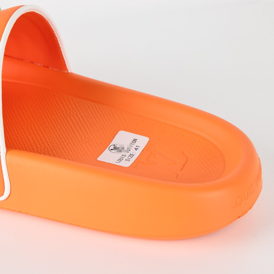 L***V Orange 3D Multicolor Pop Logo Wide Strap Slide Sandals — Spring Summer Boutique Limited Edition