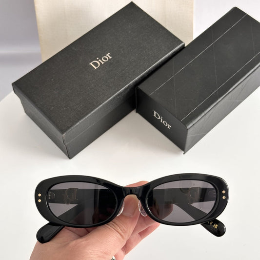 D**R Slim Oval Cat-Eye Sunglasses with Bold Glossy Red Acetate Frame, Light Tinted Lenses & Gold CD Logo Hardware