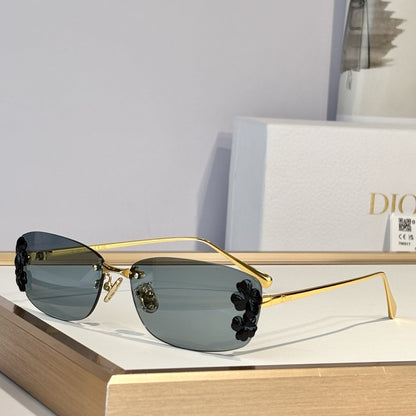 D**R Slim Rimless Oval Sunglasses with Warm Brown Solid Lenses, Silver Metal Temples & Sculptural White Flower Cluster Embellishment