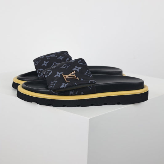 L***V Black Monogram Canvas Platform Slide Sandals — 2024 Spring Summer Boutique Limited Edition