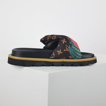 L***V Brown Monogram Canvas Multicolor Tassel Double Strap Platform Slide Sandals — Spring Summer Boutique Limited Edition