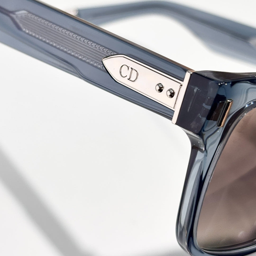 D**R Oversized Square Acetate Sunglasses | Transparent Smoke-Blue Frame, CD Rivet, Christian Dior Temple, Light Gradient Lenses