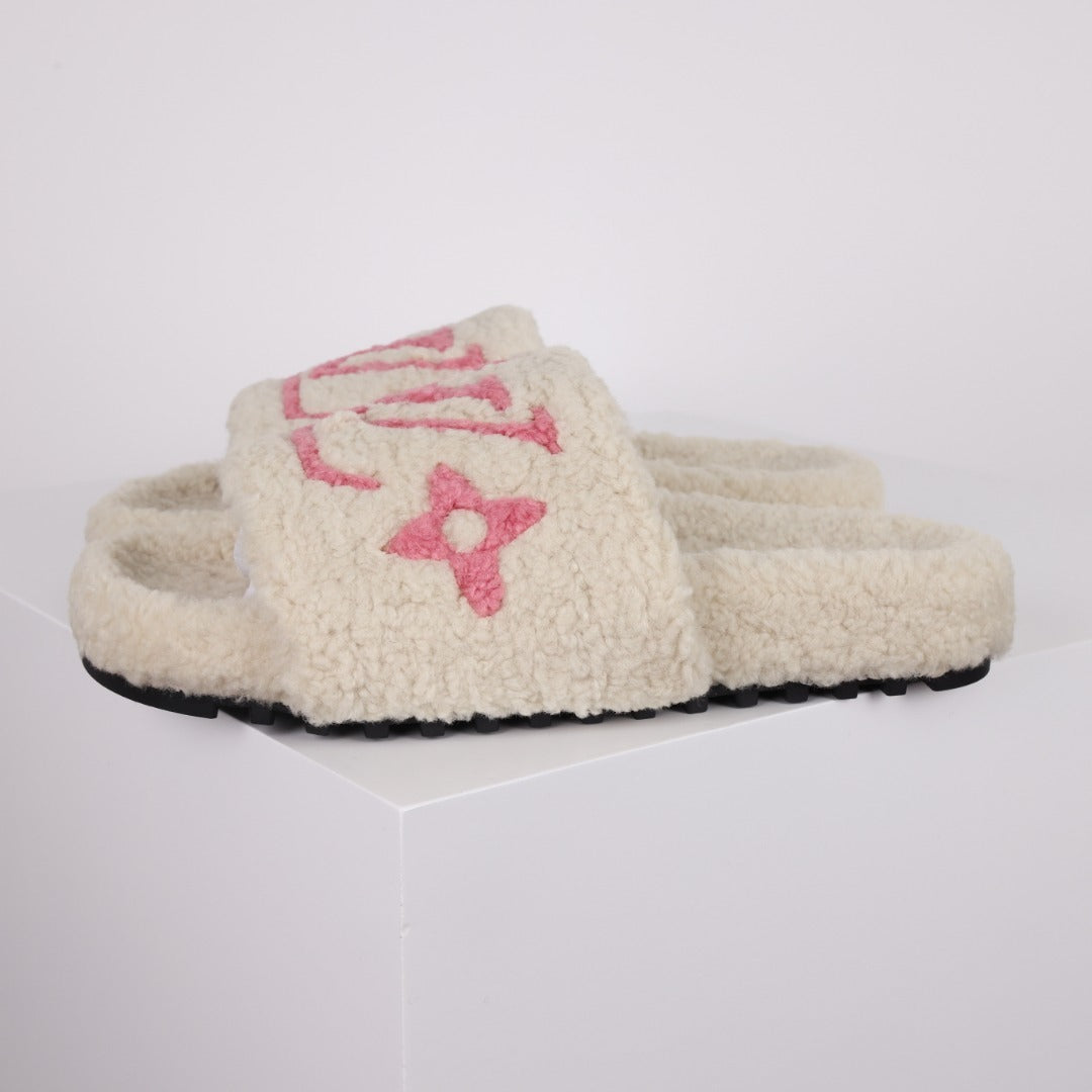 L***V Dark Chocolate Brown Tonal Monogram Shearling Lambswool Double Strap Slide Sandals — Autumn Winter Boutique Limited Edition