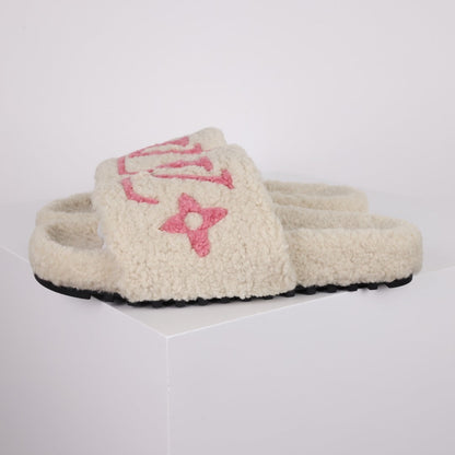 L***V Dark Chocolate Brown Tonal Monogram Shearling Lambswool Double Strap Slide Sandals — Autumn Winter Boutique Limited Edition