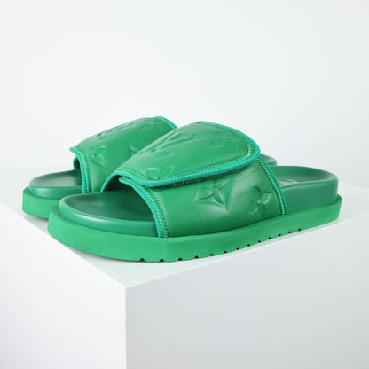 L***V Grass Green Inflated Pillow Leather Velcro Adjustable Wide Strap Miami Slide Sandals — Spring Summer Boutique Limited Edition