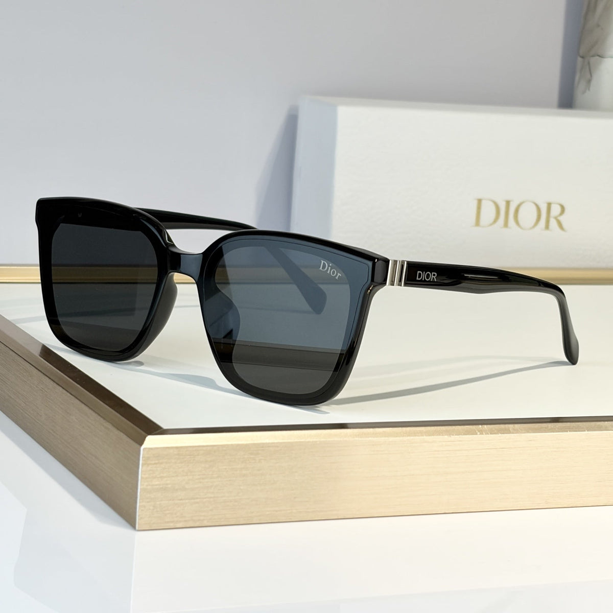 D**R Oversized Square Cat-Eye Sunglasses | Two-Layer Acetate Frame, Triple-Bar Metal Hinge, DIOR Temple Lettering | 4 Colors incl. Black-Blue & Black-Grey